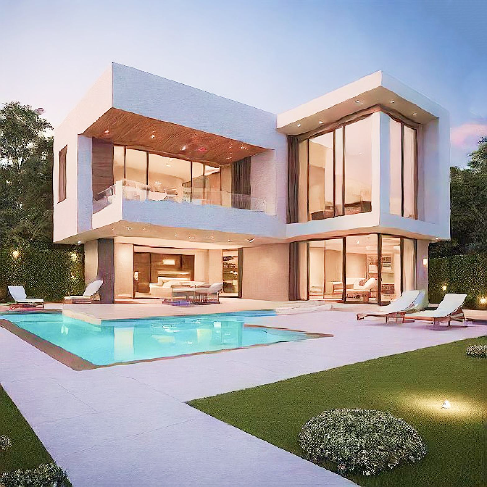 Modern 2BHK flat exterior with balcony and green landscaping