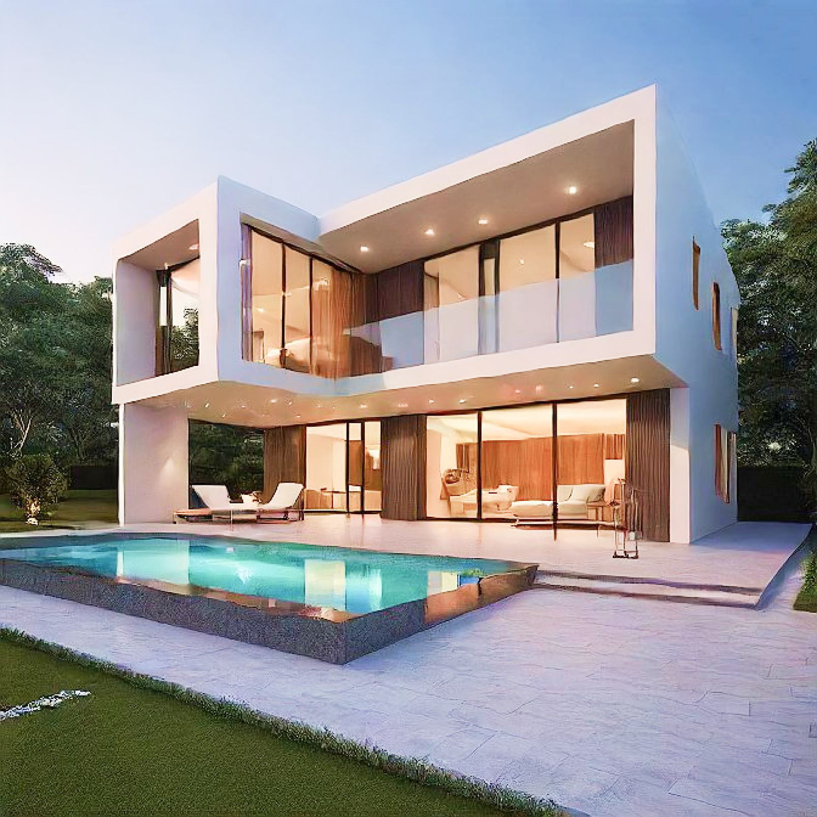 Exterior view of a modern contemporary residence with clean lines and landscaped front yard